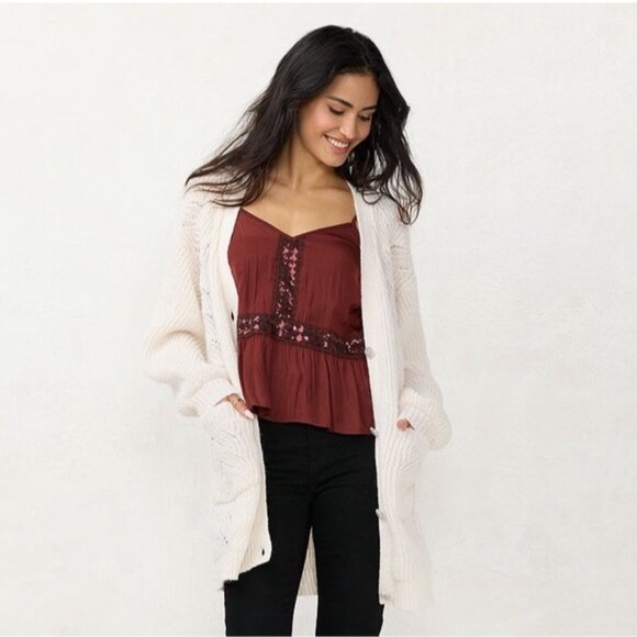 NEW Lauren Conrad Long Cardigan Layering Sweater Bare Linen Ivory V-Neck Small - Picture 2 of 11